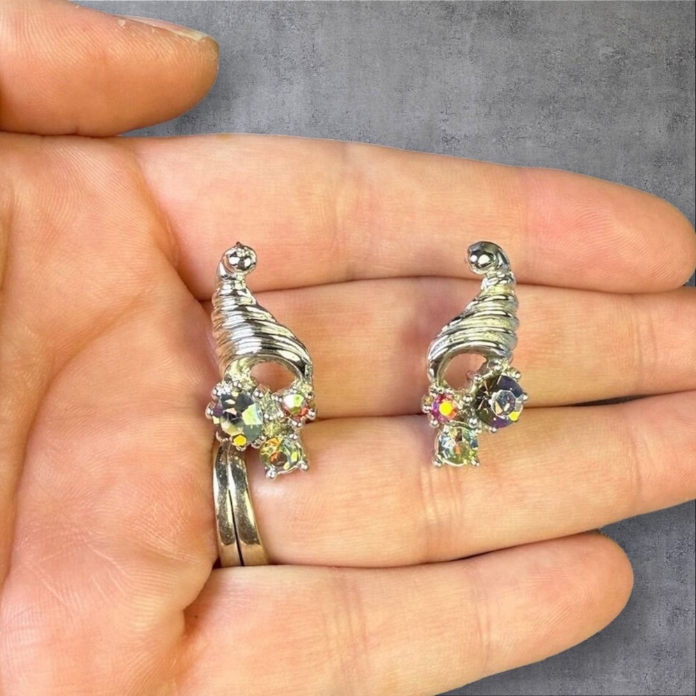 157. Vintage Clip-On Earrings AB Rhinestones Silver Tone